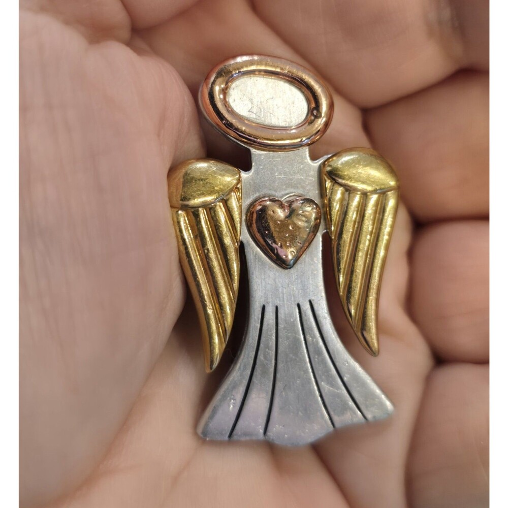 Vintage Avon Angel Brooch Gold Silver Tone Heart Halo Guardian Angel Pin #1171